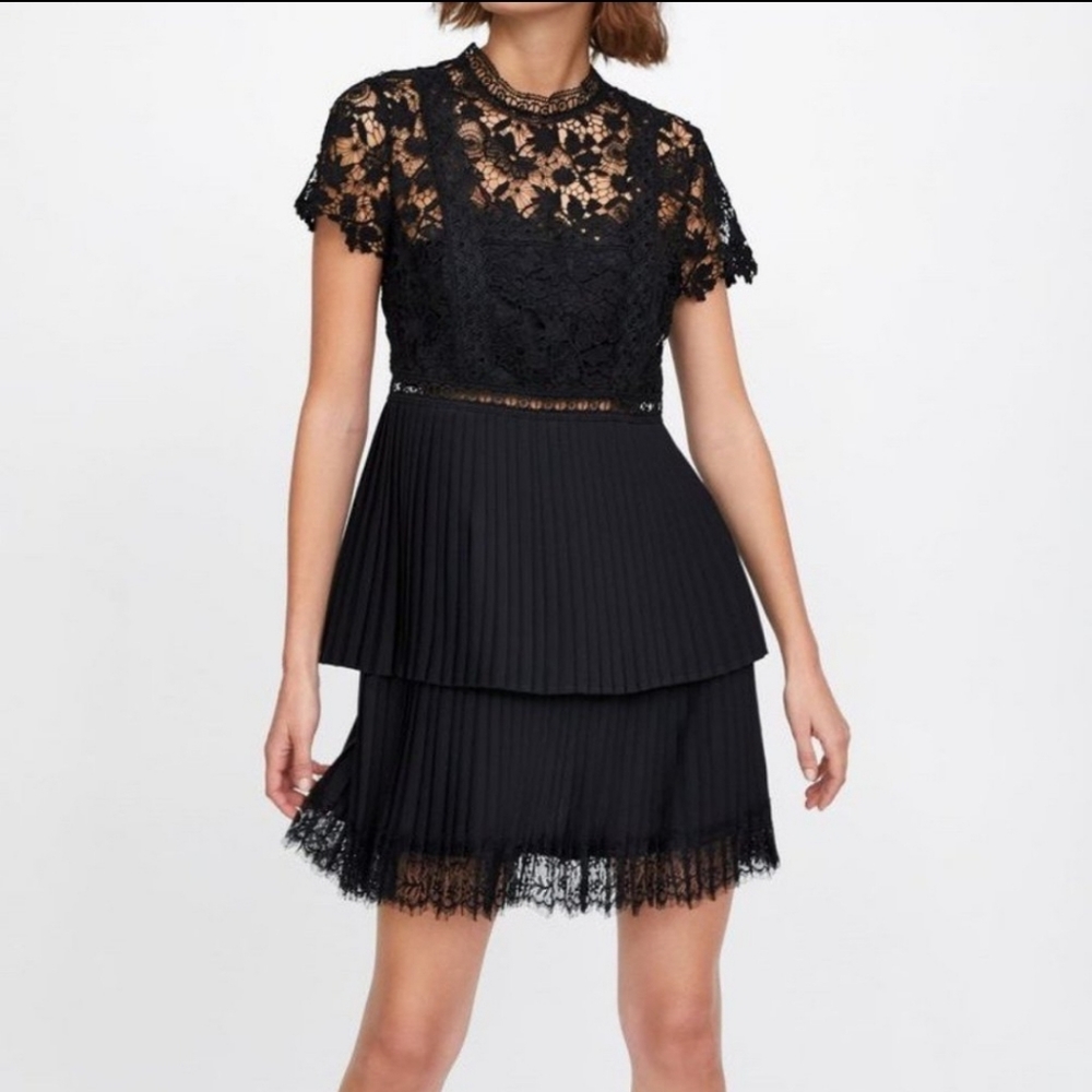 Zara Black Lace Pleated Contrast Mini Dress